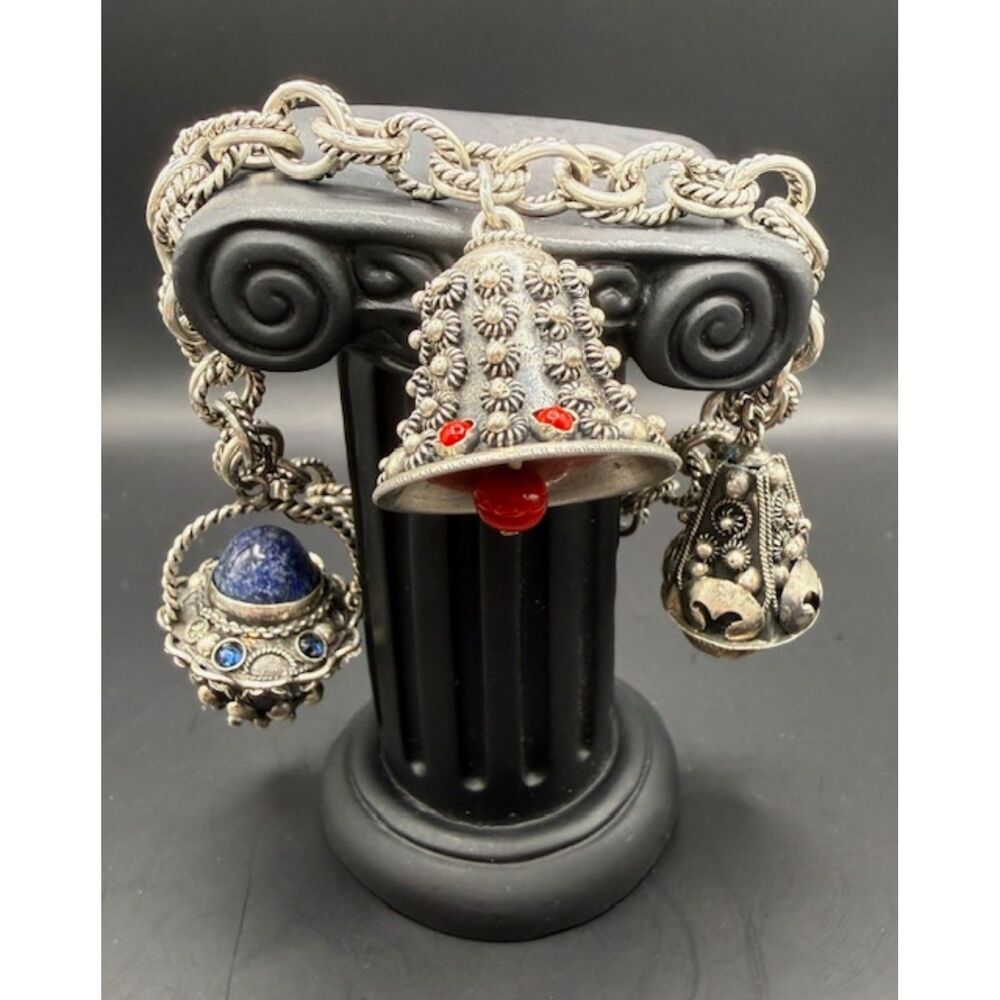 800 Silver Vintage Charm Bracelet Bells Lapis Carnelian Coral Heavy 1940s